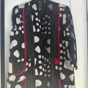ALI MILES Black Patterned Long Jacket with Red Trim  SZ L - NWOT